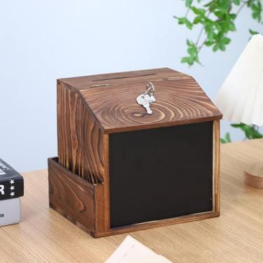 Imagem de Catekro Caixa de correio de madeira estilo vintage com quadro-negro pequeno para votação, eleições, arrecadação de fundos, caixa de sugestões de coleção tem caixas de bloqueio multiuso