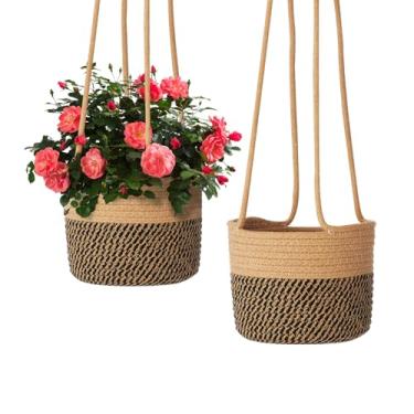 Imagem de TIGKHAE Pacote com 2 cestos pendurados juta crochê planta interior boho cabide pendurar plantas de parede para interior exterior decoração de casa vasos de flores para ervas, samambaias, hera
