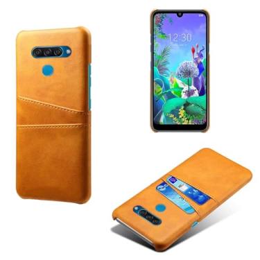 Imagem de Capas Compatível com LG Q60,Caso de couro PU-Tampa de telefone a prova de choque com 2 slots de cartão,Proteção anti-impressão digital e anti-gota-Yellow