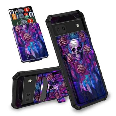 Imagem de BREIDMKFM Capa carteira para Google Pixel 6a com suporte de cartão removível (capacidade para 3 cartões de crédito) capa à prova de choque para Google Pixel 6a 5G 6,1 polegadas, crânio rosa apanhador