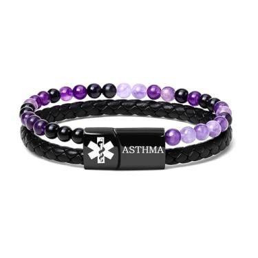 Imagem de Zircobic Pulseiras personalizadas de alerta médico com etiquetas de aço inoxidável gravadas a laser e códigos QR personalizados – Couro PU e contas de ágata para uso diário e identificação de saúde