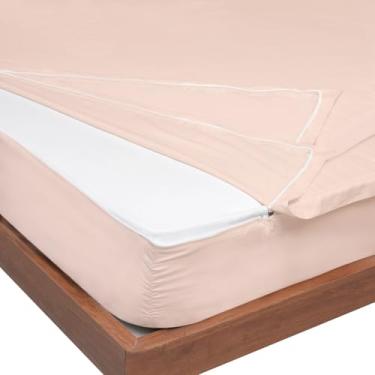 Imagem de Lençol Queen com zíper de algodão – Projetado para colchões de até 20 cm com bolsos profundos, lençol Queen com zíper (base + 2 lençóis com zíper) - Macio e luxuoso 600 fios 100% algodão - cor blush