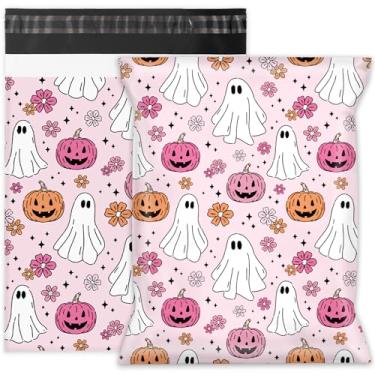 Imagem de Whaline 100 pçs Halloween Poly Mailer 10 x 33 polegadas rosa laranja abóbora fantasma saco de correio auto-selante embalagem de plástico envelope saco para pequenas empresas