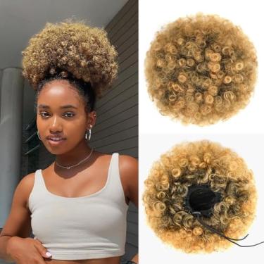 Imagem de YEAME Rabo de cavalo afro puff com cordão para mulheres negras, rabo de cavalo afro cacheado curto crespo rabo de cavalo sintético, preto a marrom mel rabo de cavalo com cordão para mulheres meninas