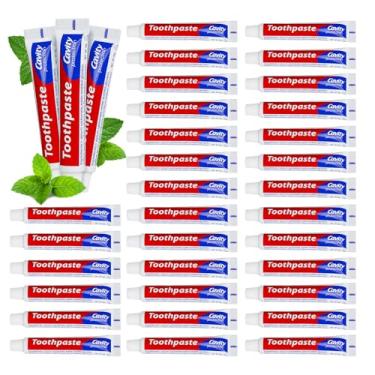 Imagem de HOIQIRY Pasta de dente descartável pequena com 50 tubos, tamanho extra pequeno, pasta de dente descartável, 10 gramas, pasta de dente descartável, uso único, 2 x 9 cm, tamanho de viagem para hotel,