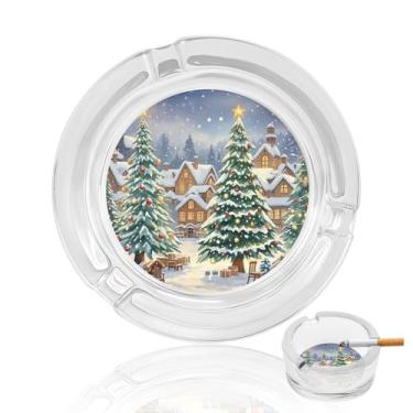Imagem de Cinzeiro de vidro de cristal de cidade de árvore de Natal, cinzeiro redondo de vidro resistente para fumar cinzeiro portátil decorativo moderno para uso em casa, escritório, interior, exterior, pátio
