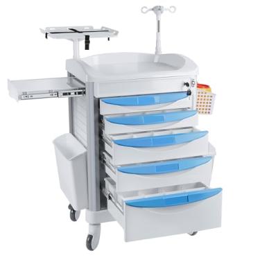 Imagem de Kalolary Carrinho de armazenamento médico ajustável com 5 gavetas e 4 rodas silenciosas, carrinho médico móvel com 2 latas de lixo para clínica, hospital, salão de beleza