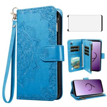 Imagem de Asuwish Capa de celular para Samsung Galaxy S9 capa carteira com protetor de tela de vidro temperado e flor flip porta-cartão de crédito suporte suporte S 9 Edge 9S GS9 mulheres homens azul
