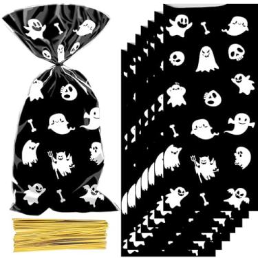 Imagem de CUUSNNY Sacos de guloseimas de celofane de Halloween com laços torcidos prateados, 100 peças, preto, branco, fantasma, plástico, doces, lembrancinhas de festa para lembrancinhas de festa de Halloween