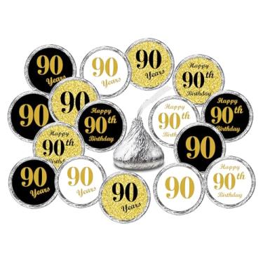Imagem de Adesivos de beijos de aniversário de 90 anos (conjunto de 324) Adesivos de gotas de chocolate para aniversário de 90 anos, decoração de lembranças de festa de beijos de Hershey, 9 designs (36 adesivos de cada)