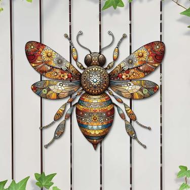 Imagem de Pursuestar Decoração de arte de parede de abelha grande de metal colorido de 40 cm, escultura de insetos, decoração pendurada para interior, exterior, casa, escritório, quintal, cerca, jardim, pátio