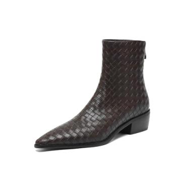 Imagem de TinaCus Bota feminina de couro legítimo feita à mão com zíper nas costas, bico fino, salto baixo, cano curto, Marrom, 41