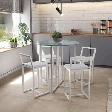 Imagem de Conjunto Mesa Redonda Vidro 4 Cadeiras Pequena Estofado Industrial Whi