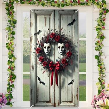 Imagem de SpookyHaunt Capa de porta de Halloween faixa de portas de vampiro 188 x 89 cm design de guirlanda de máscara de vampiro gótica assustadora decoração de porta de casa assombrada assustadora faixa de
