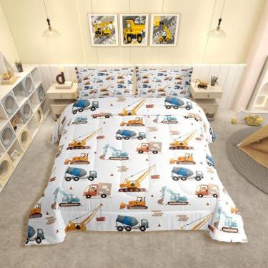 Imagem de jejeloiu Conjunto de cama de escavadeira, macio, para meninos e meninas, veículos de construção, equipamentos, caminhões, edredom de microfibra, decoração de quarto, 2 peças com 1 fronha