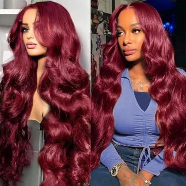 Imagem de Perucas de cabelo humano 30 polegadas 99j Borgonha lace frontal 13x4 HD vermelho borgonha ondulado cabelo humano densidade 200 perucas de cabelo humano cabelo humano pré-arrancado sem cola frontal