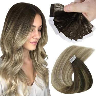 Imagem de Sunny Hair Extensões de cabelo humano real com fita adesiva invisível Remy extensões de cabelo para mulheres marrom escuro balayage loiro dourado escuro destaque loiro platinado 45,7 cm 25G
