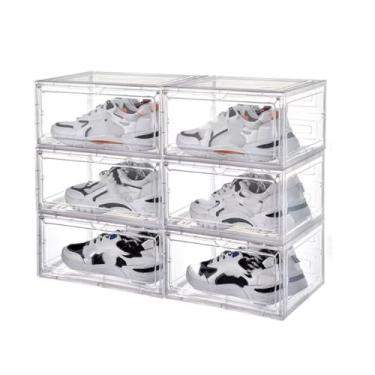 Imagem de Reflygen Caixa de armazenamento de sapatos empilhável de plástico transparente, pacote com 6, caixa de sapatos com abertura lateral, adequada para armazenar e exibir tênis 33 x 29 x 19 cm (cor
