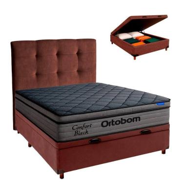 Imagem de Baú Marrom + Cabeceira + Colchão Casal Confort Black Ortobom