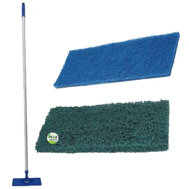 Imagem de Kit Suporte Lt Com Velcro Limpa Tudo Articulado Mop Fibra Azul  + Verde Multiuso Piso + Cabo Alumínio 1.40m  Com Manopla