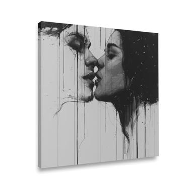 Imagem de Arte de parede em tela de casal beijando preto e branco - Pintura de silhueta de arte de linha romântica, desenho de contorno minimalista moderno para decoração de quarto e sala de estar, estilo
