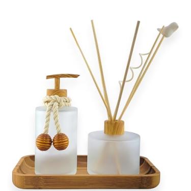 Imagem de Kit Difusor de Aromas e Saboneteira Líquida Premium com Bandeja de Bambu - Decoração e Bem-Estar para Banheiro e Lavabo Casa Nova