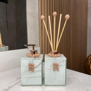 Imagem de Saboneteira e Aromatizador Efeito Mármore 250ml - Porta Sabonete Liquido Decorativo (Branco e Rose,Com Colar)