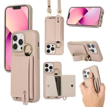 Imagem de Pulseira carteira cartões solt crossbody capa de couro para iphone 15 pro max 14 plus 13 12 11 anel titular cordão saco bolsa capa, cáqui, para iphone 12