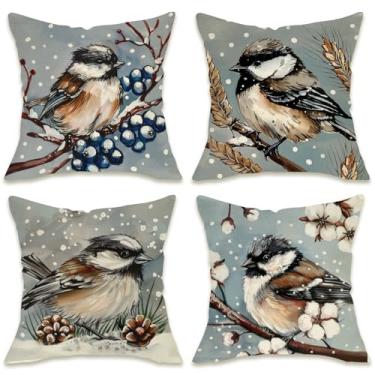 Imagem de Fahrendom Capas de almofada decorativas de inverno Chickadee 45,7 x 45,7 cm, conjunto de 4, pássaros nevados, baga, algodão, pinho, trigo, varanda, pátio, capa de almofada para sofá, decoração de casa