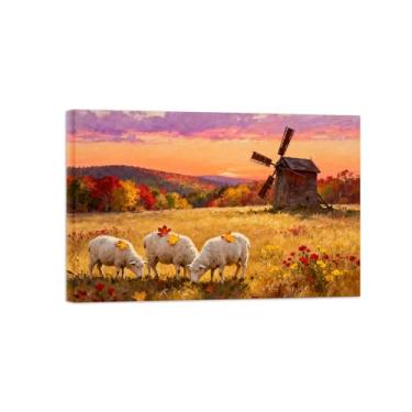 Imagem de Quadro parede outono-Árvore ovelhas prado Impressões em tela paisagens-Pintura animais para decoração sala estar 20x30cm Tela Embrulhada