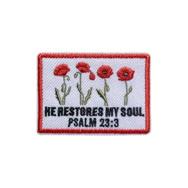 Imagem de ROISEPOSIE Adesivo religioso He Restores My Soul, aplique de tecido bordado com aplique de 7 cm para roupas, mochilas, chapéu, jeans, adesivos católicos para cristãos