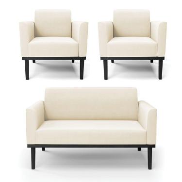 Imagem de Sofá Namoradeira Com 2 Poltronas Base De Madeira Fixa Preto Marisa Veludo Bege D03 - D'Rossi