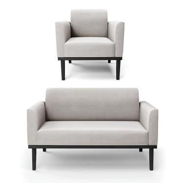 Imagem de Sofá Namoradeira Com Poltrona Base De Madeira Fixa Preto Marisa Veludo Cinza D03 - D'Rossi