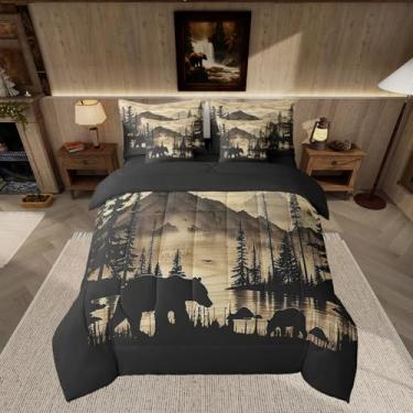 Imagem de Feelyou Jogo de cama solteiro com estampa de urso rústico de cabana, animais selvagens, casa de fazenda, para meninos, meninas, adolescentes, natureza, vida selvagem, lã, caça, 7 peças, preto, marrom