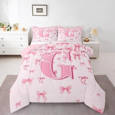 Imagem de jejeloiu Conjunto de edredom com laço rosa para meninas, solteiro, fofo, com laço, letra G, edredom para quarto de crianças, meninos, meninas, monograma, laços coquetes, microfibra, ultramacia