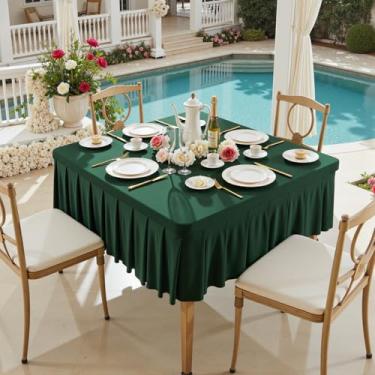 Imagem de Toalhas de mesa de elastano verde Hunter para mesas quadradas de 122 x 122 cm, roupas de mesa elásticas com saia plissada com babados para mesa de 122 cm, sem rugas e elásticas, para festa, cozinha