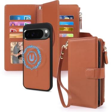 Imagem de Capa carteira 2 em 1 para Google Pixel 9/9 Pro/10/10 Pro 16.0 cm magnética compatível com Magsafe Suporte de cartão com bloqueio de RFID, capa de telefone destacável com zíper, alça de pulso para