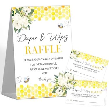 Imagem de Sorteio de fraldas para chá de bebê, 1 placa de pé com 50 bilhetes de sorteio de fraldas, bilhetes de sorteio de fraldas de abelha de mel para chá de bebê, suprimentos de decoração de festa revelação