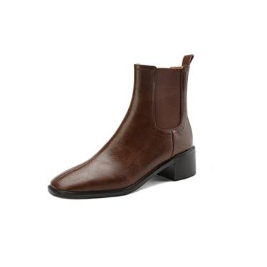 Imagem de TinaCus Bota de cano curto feminina de couro legítimo feita à mão com salto grosso, sem cadarço, Marrom, 38