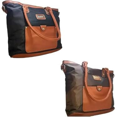 Imagem de Bolsa Feminina Elegante em Nylon e Couro Sintético, Preta com Detalhes Marrom, 40x30x13cm, 2 Divisórias, Conjunto com 2 Peças