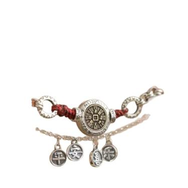Imagem de Chiorgone Tornozeleira Alloy Peace Joy Longevidade, corrente de prata com fio vermelho e pingentes chineses, moeda redonda PINGAN XILE, joia Feng Shui para mulheres (cordão vermelho trançado e