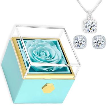 Imagem de Preserved Real Rose Rotate Box with Love of Diamonds Necklace - Flores eternas rosa presentes românticos para mãe, esposa, namorada, filha, para Dia dos Namorados, Natal, Dia das Mães, Aniversário