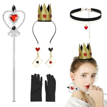 Imagem de PLKDJDM 5 peças acessórios de fantasia de rainha de copas, coroa de ouro, tiara de coração vermelho, brincos de cetro, colar, luvas de fibra preta, acessórios de rainha de copas, acessórios para festa