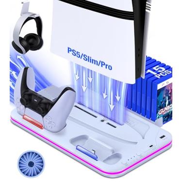 Imagem de PS5/Slim/Pro Stand and Cooling Station with Controller Charging Station for PlayStation 5 Slim/Pro Console, PS5 Controller Charger, Cooling Stand, LED Light, Headset Holder for PS5 Accessories, White