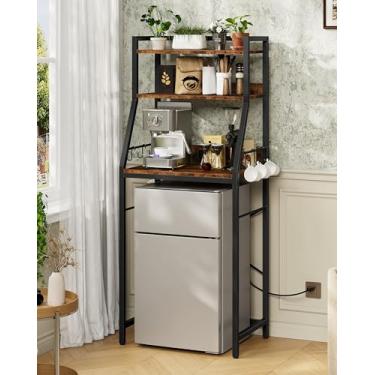Imagem de CHOEZON Rack de padeiro de 4 níveis com mini suporte de geladeira, estação de café, suporte de micro-ondas com estação de carregamento, rack de armazenamento de cozinha com 6 ganchos, para cozinha