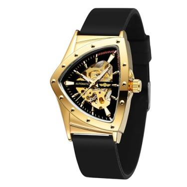 Imagem de WENFVVIN Relógio de pulso masculino à prova d'água esqueleto mecânico retrô triangular com pulseira de silicone (dourado preto), Dourado, preto