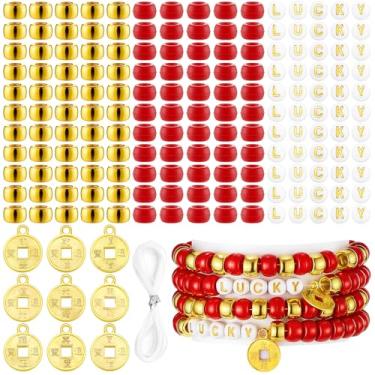 Imagem de Misdary 30 conjuntos de pulseiras de ano novo lunar kit de fabricação de contas de pônei vermelhas e douradas artesanato com sinal de metal contas de carta da sorte para bricolage feliz ano novo lunar