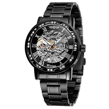 Imagem de WENFVVIN Relógio masculino esqueleto mecânico aço inoxidável steampunk relógio de pulso mão vento, Preto
