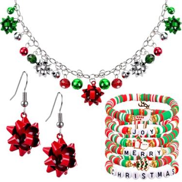 Imagem de Tondiamo Pacote com 9 joias de Natal para mulheres e adolescentes Heishi Surfer Pulseiras Colar Brincos Jingle Bells Presentes empilháveis, One size fits all, Liga e argila, Sem Pedra Preciosa