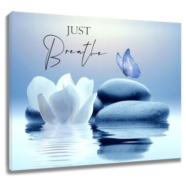 Imagem de LB Arte de parede zen para banheiro borboleta e lírio de água branca flor em tela azul pinturas de parede decoração de casa imagens de parede modernas para sala de estar quarto escritório pronto para